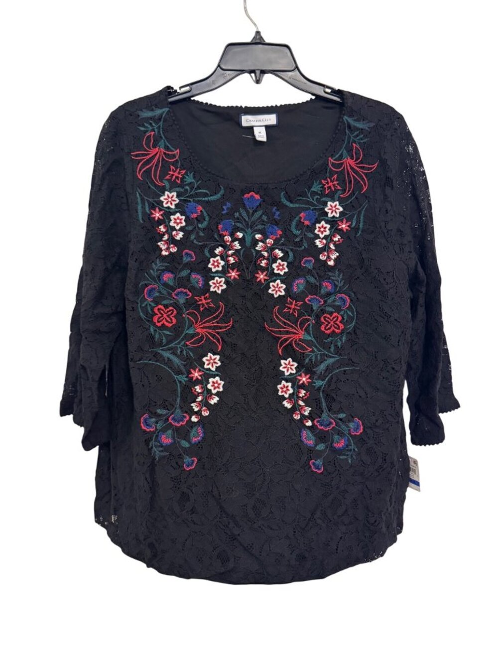 Charter Club Black Lace Top XL With Floral Embroidery New With Tags